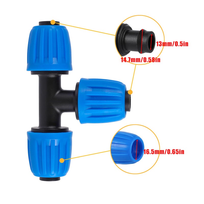 FULAIERGD 1/2"" Drip Irrigation Lock Barbed Tee Connectors 1/2 inch PE Tubing (OD 0.620 in.ID is 0.520. in), Anti-Drop Straight Tee For Irrigation Tubing Fittings (8 Pcs Blue) - Image 2